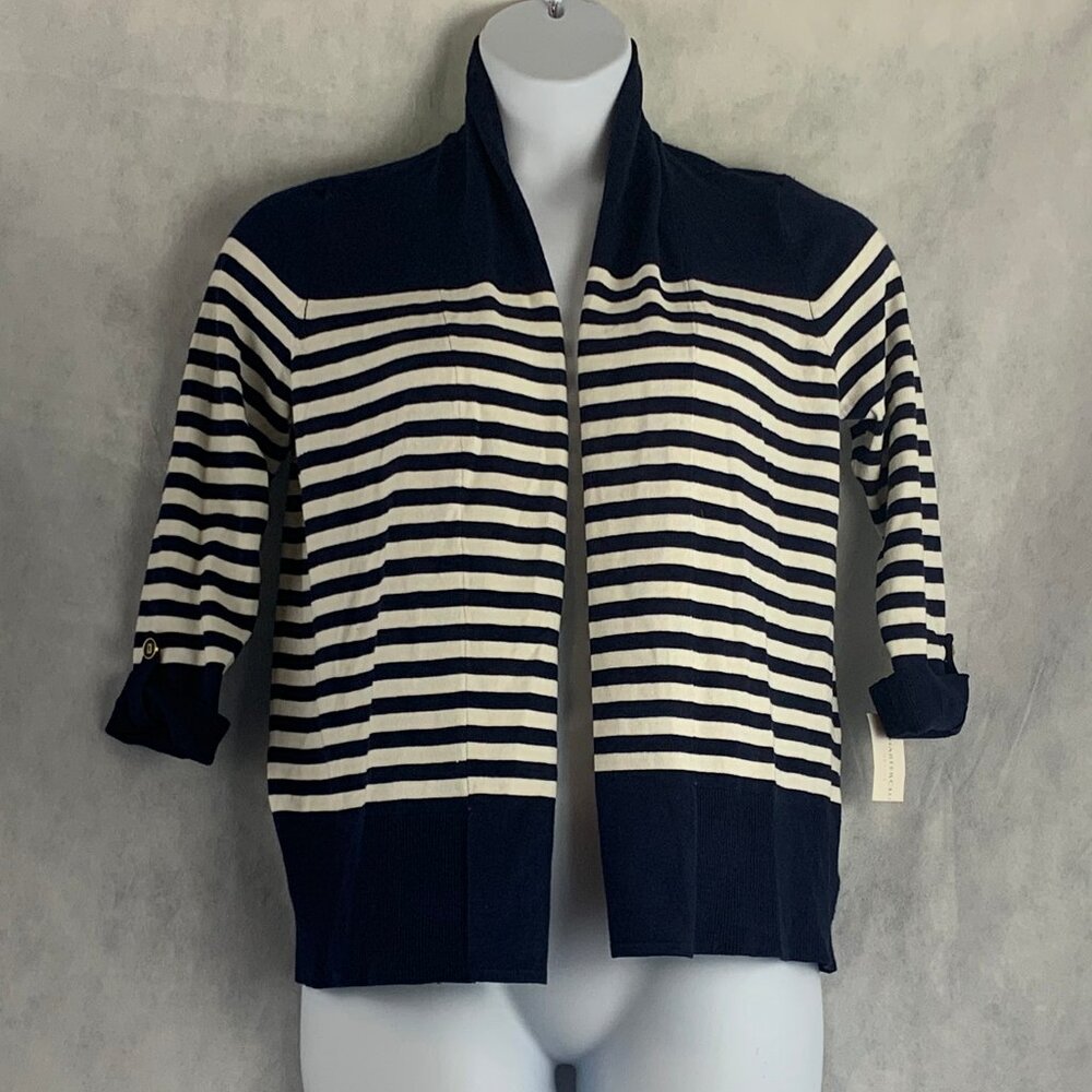 Charter Club Women's 3/4 Sleeve Cardigan Sweater, Blue White, PL / Petite Large